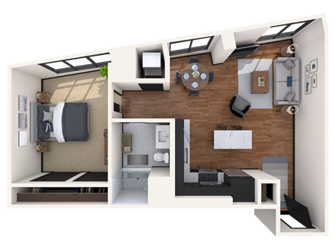 Floor plan for 1 bed, 1 bath, 721 sqft